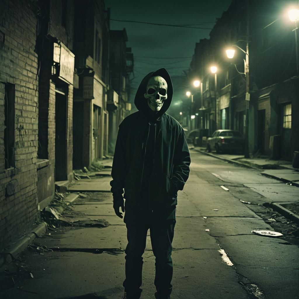 Eerie Skull Mask in Abandoned Street: Cinematic Still