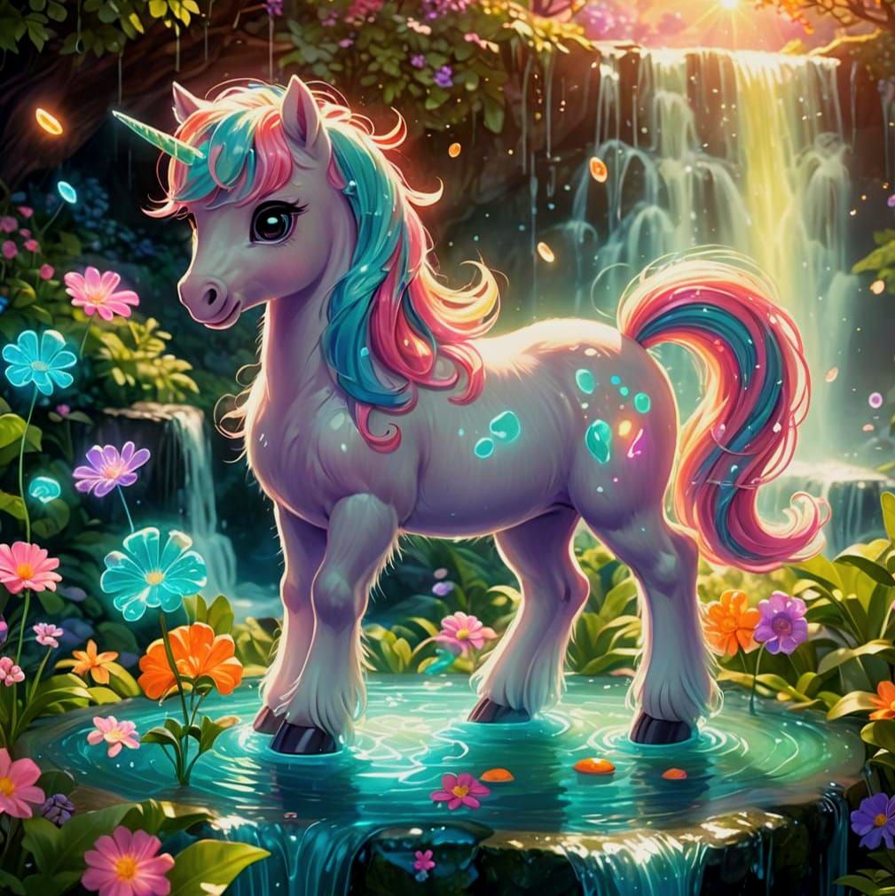 Chibi Furry Pony with Bioluminescent Waterfall in Candyland
