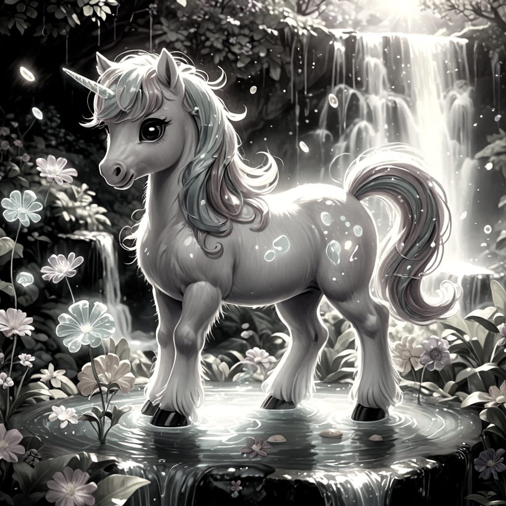 Chibi Pony with Bioluminescent Waterfall in Candy Art Style