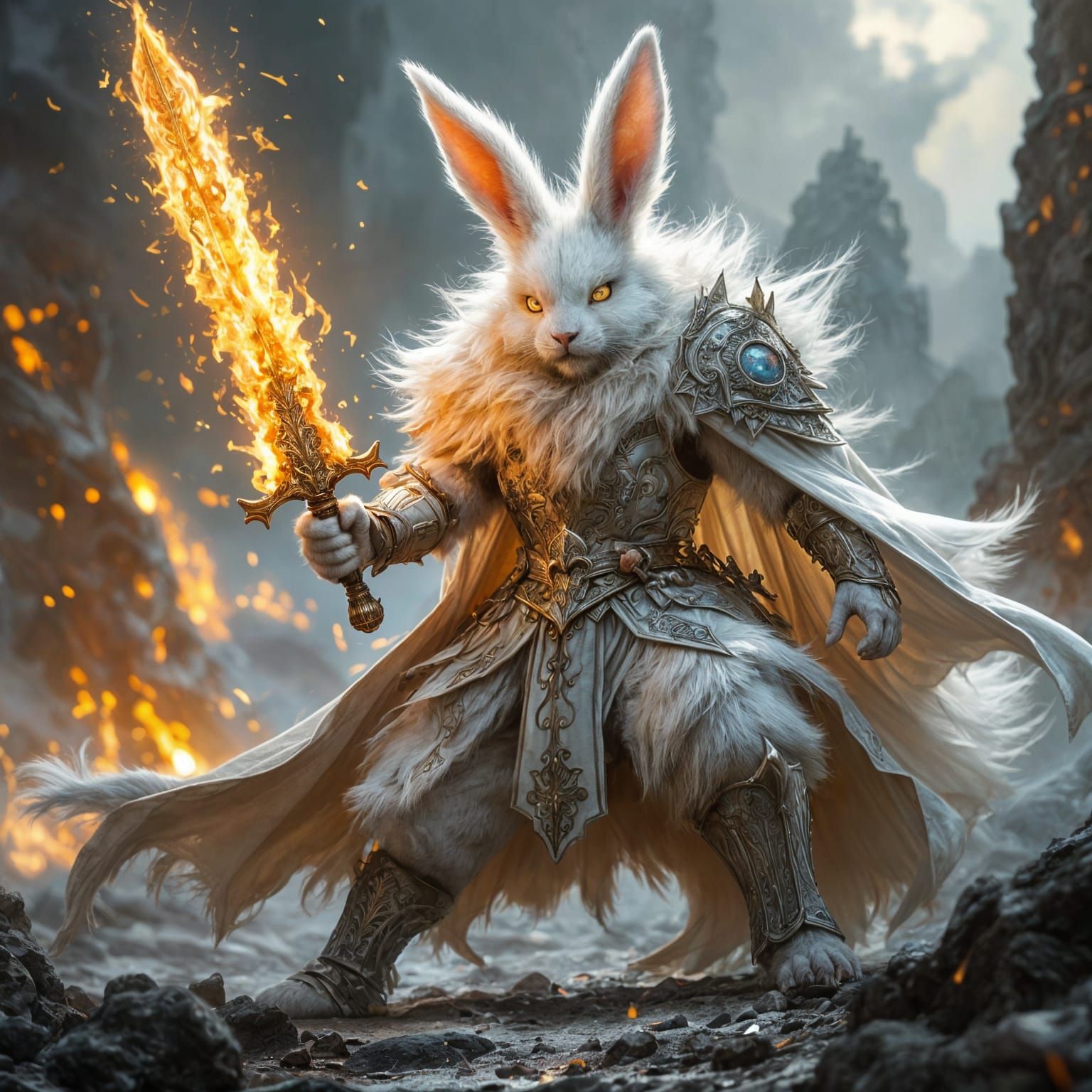 Regal white angora easter bunny knight in ornate, battle-worn medieval armor adorned with silver filigree and gleaming g...