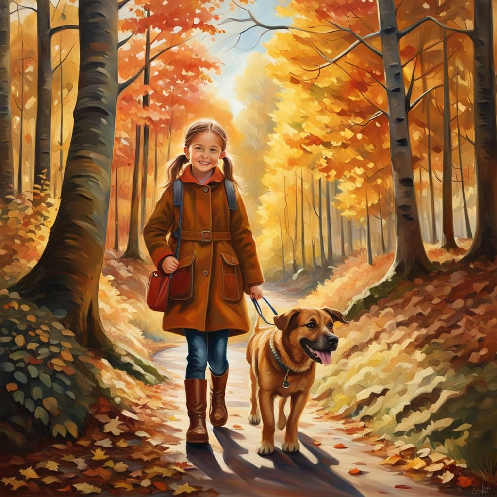 Girl Walks Dog in Autumn Forest: Photorealistic Oil Painting