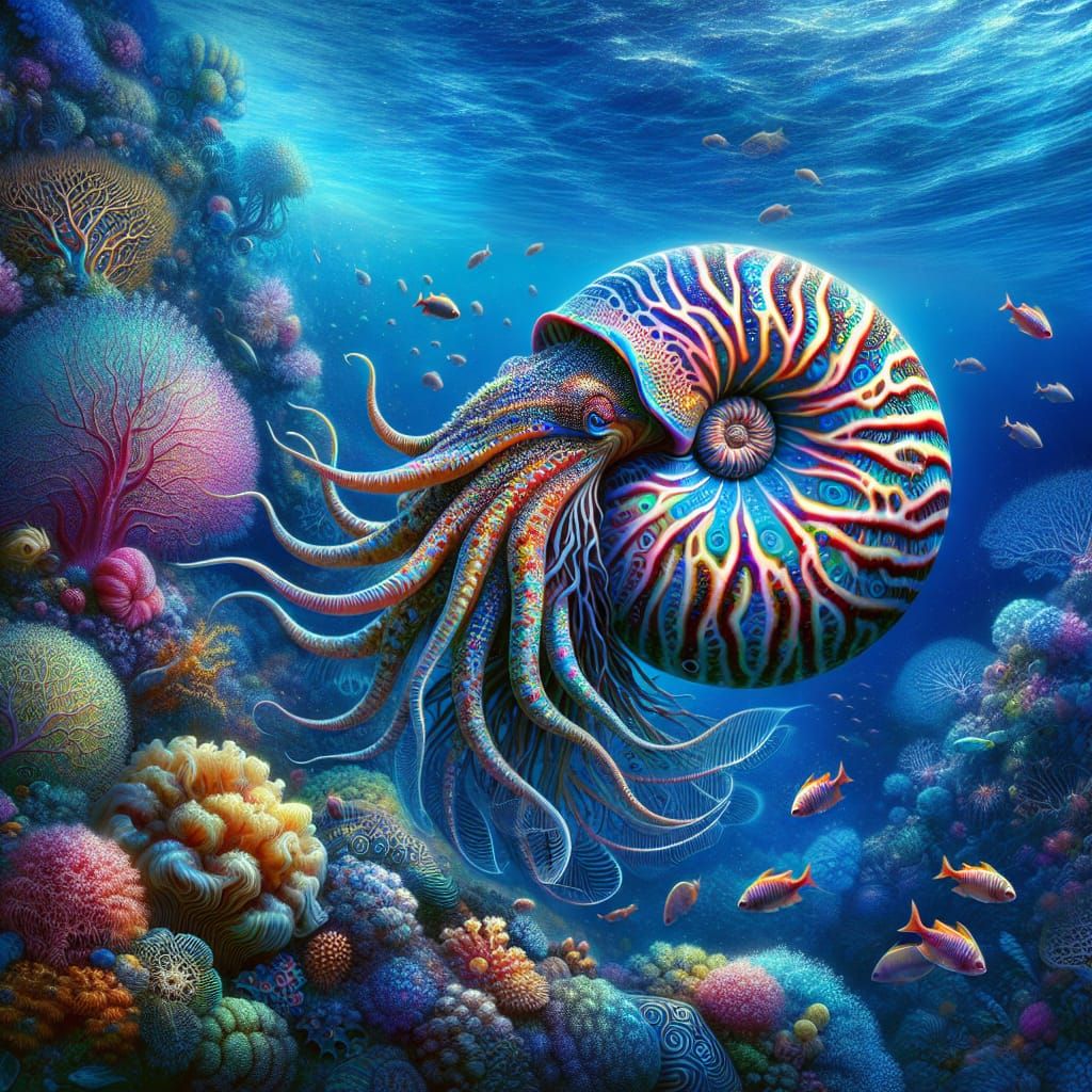 Chambered Nautilus Swimming in Deep Ocean