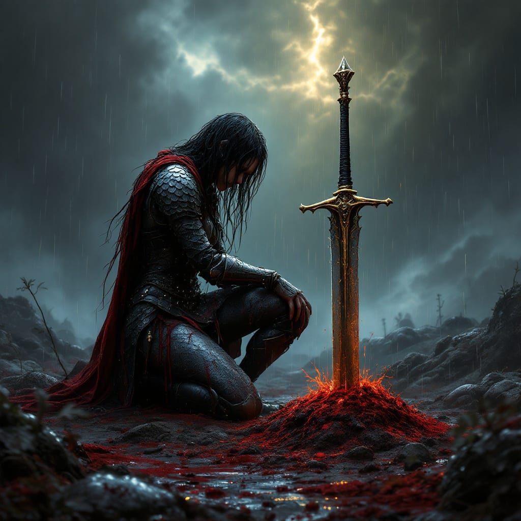 Medieval Warrior Rises in a Stormy Landscape