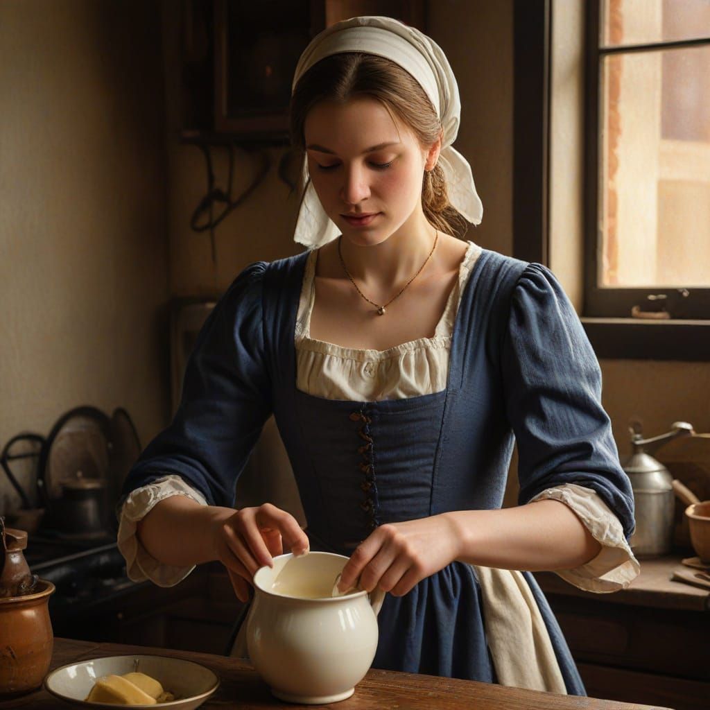 Milkmaid in Vintage Kitchen, Vermeer Style Oil Painting