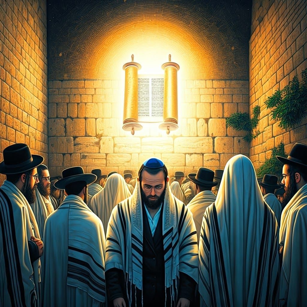 Hasidic Jews Praying with Floating Torah Scroll