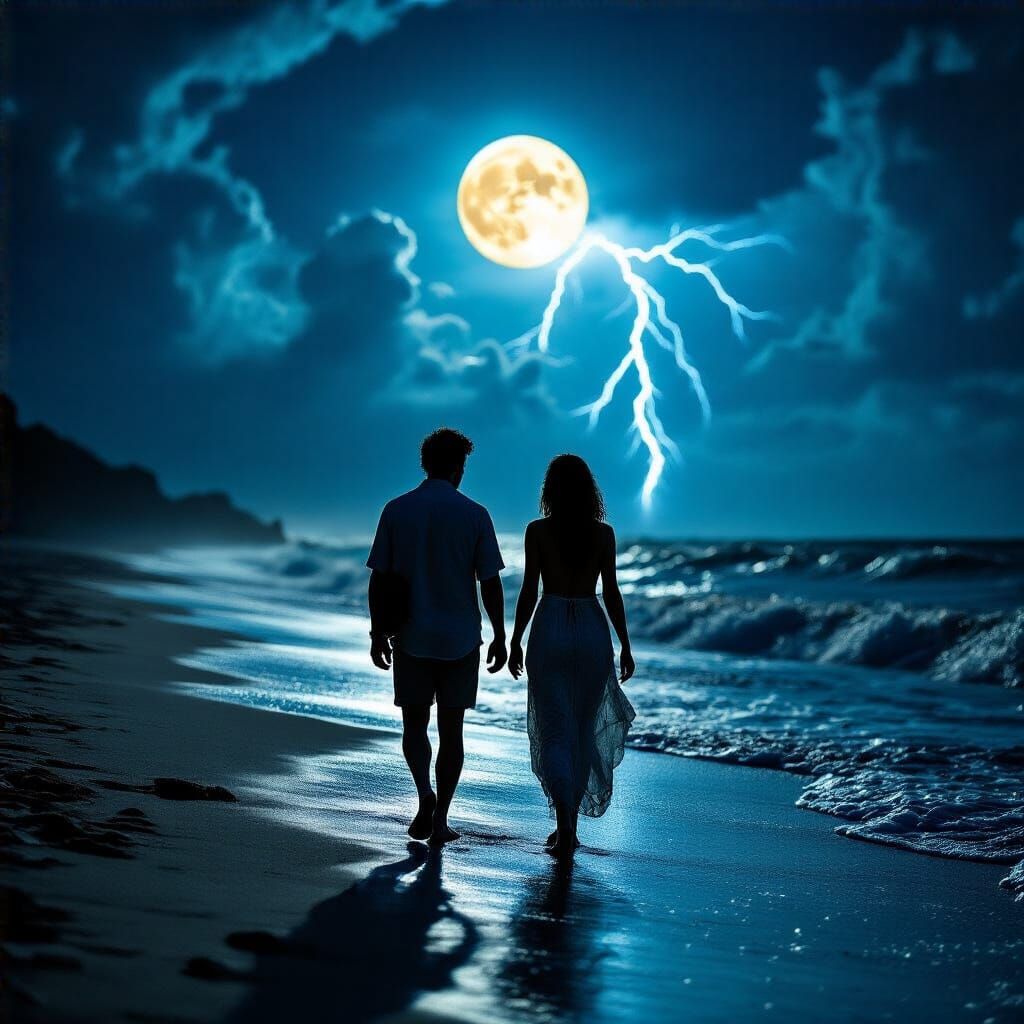 Moonlit Seashore Walk: Hyperrealistic Cinematic Silhouette