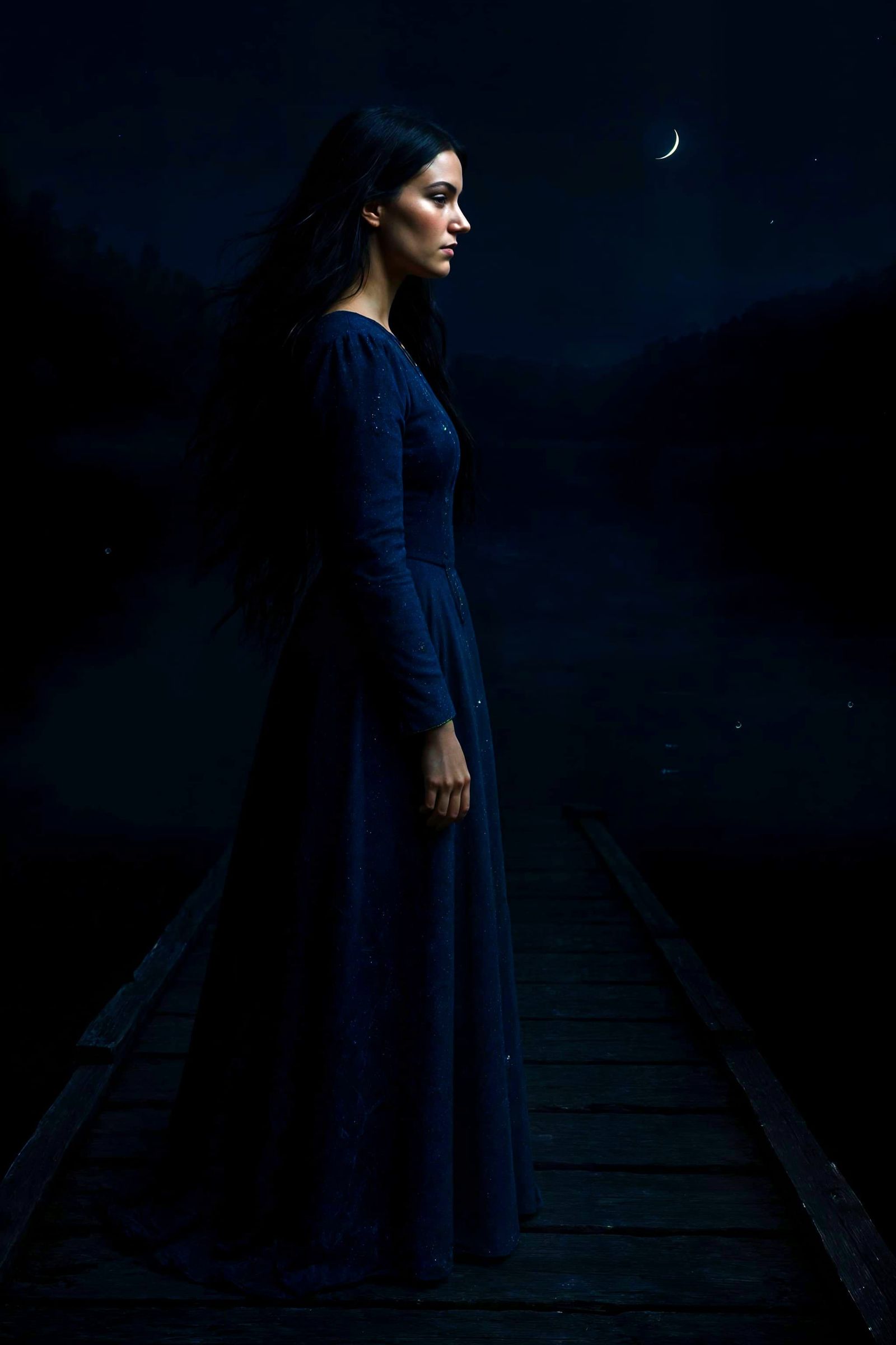 Pensive Woman at Lake Edge Under Moonlight