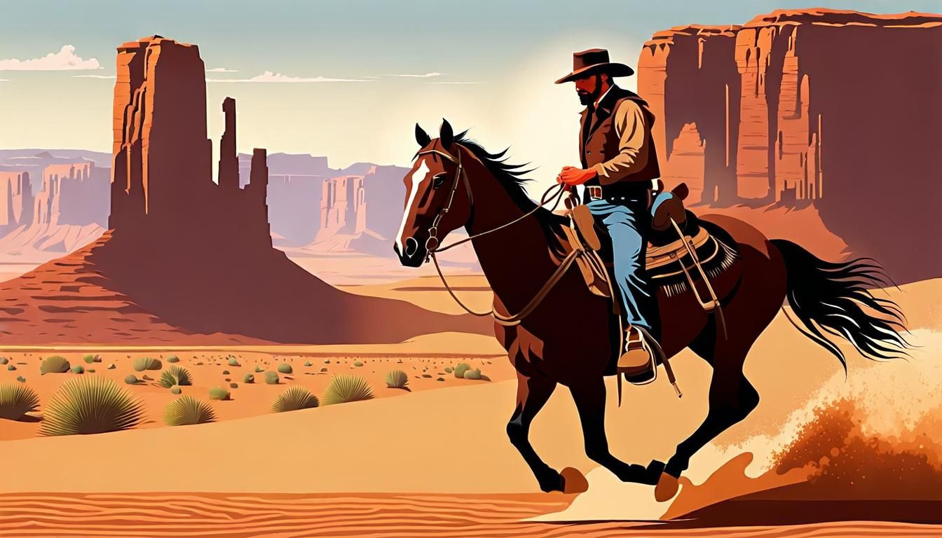 Old West Outlaw Leads Horse Through Desert Heat