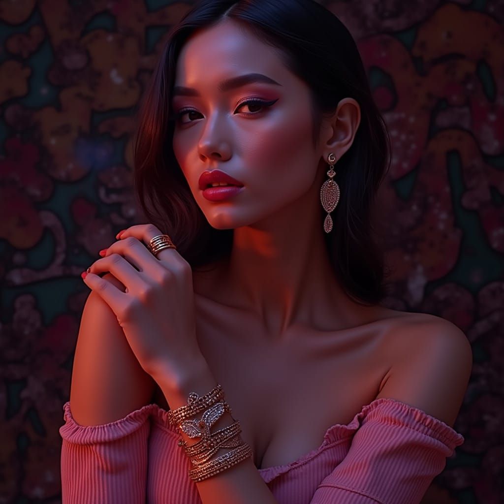 Elegant Woman Amidst Graffiti Cityscapes