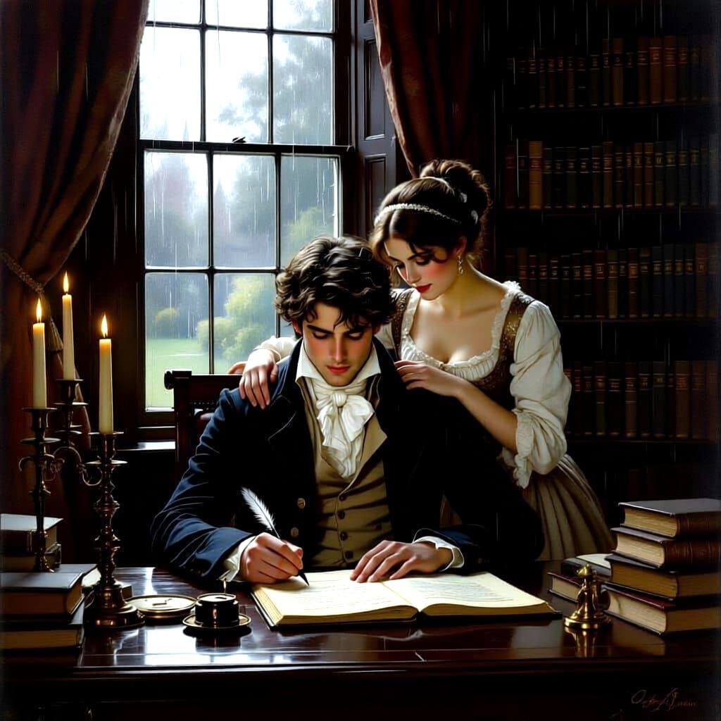 Regency Couple's Quiet Moment in a Candlelit Library