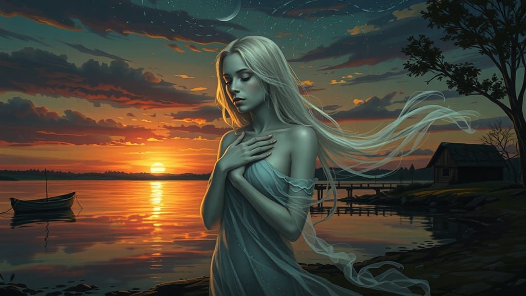 Ethereal Woman at Sunset in Dark, Muted Digital Painting