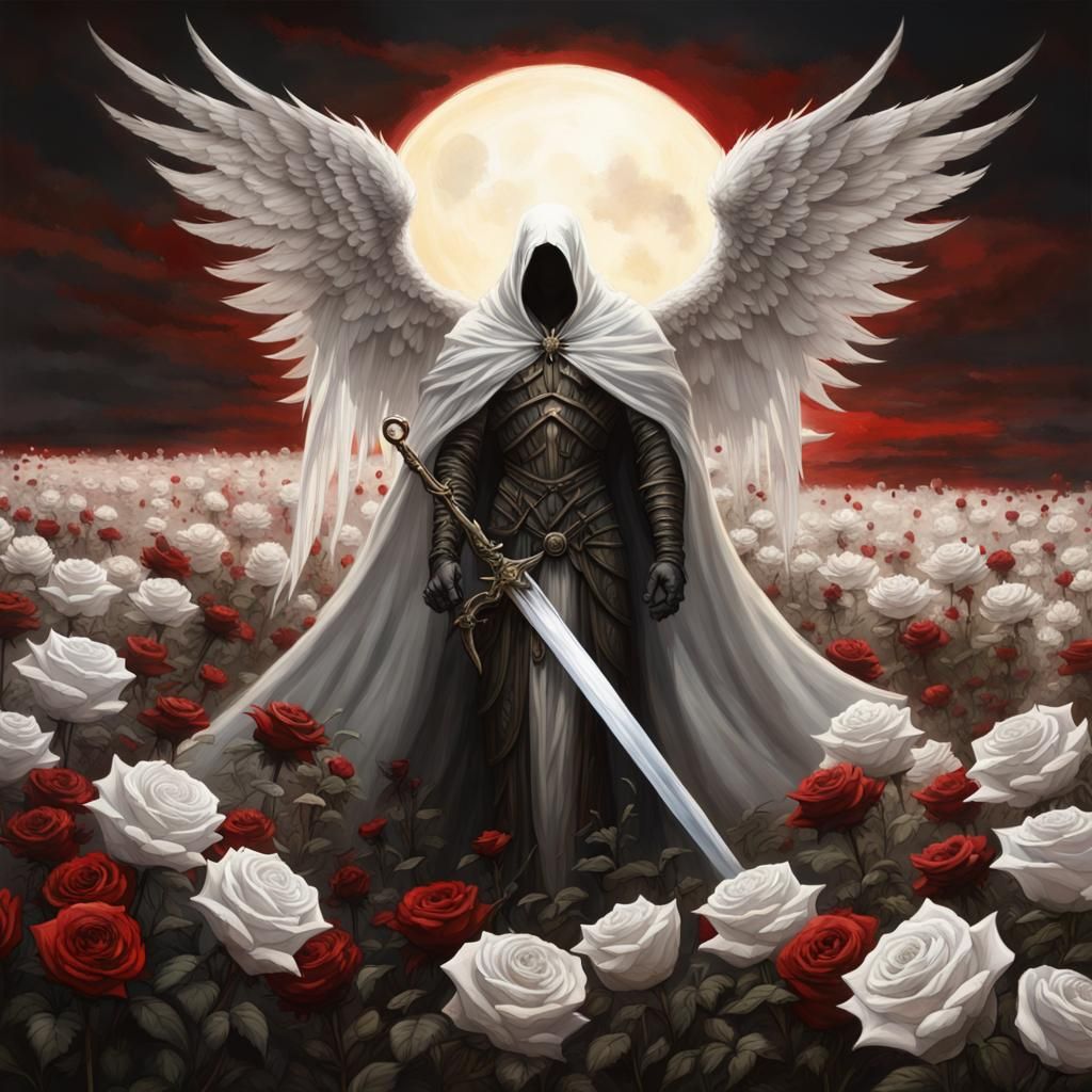 Gothic Fallen Angel with Sword Under Eclipse