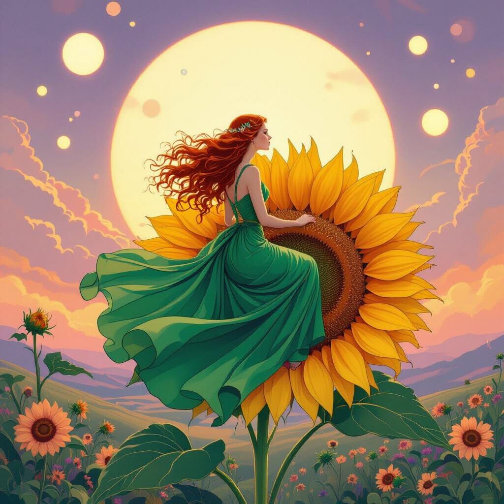 Woman Rides Giant Sunflower in Dreamlike Landscape