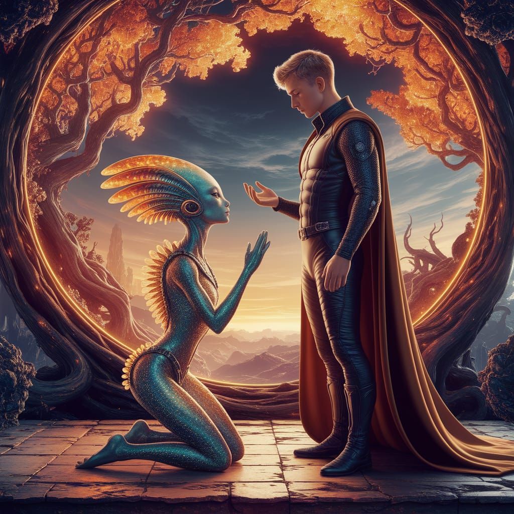 Prince Offers Gift to Alien in Golden Light