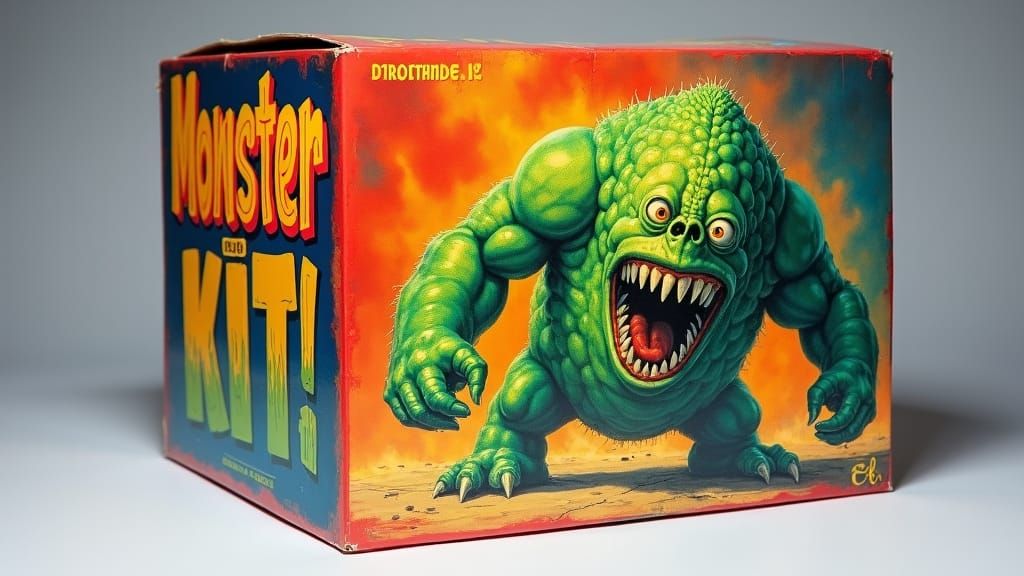 Retro Monster Model Kit Box in Pulp Art Style
