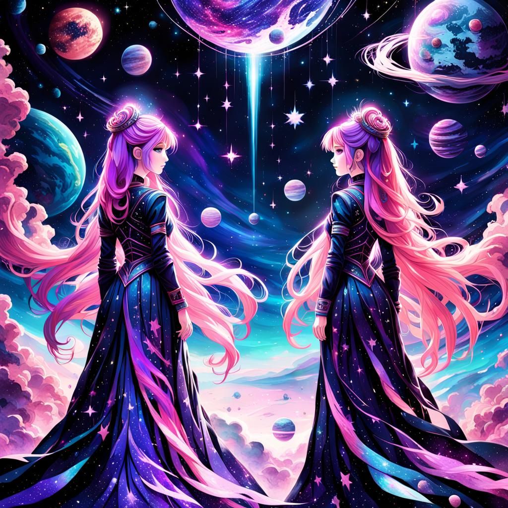 Twin Princesses in a Vibrant Sci-Fi Galaxy