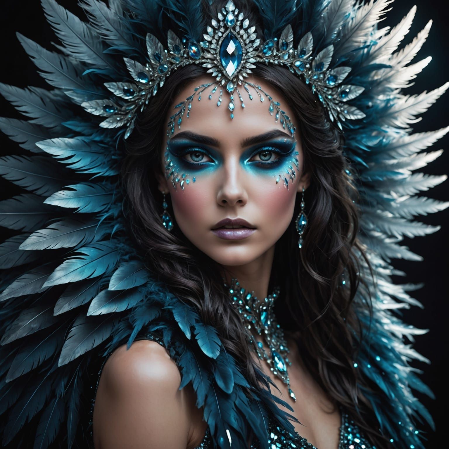 Ethereal Feather Queen with Glowing Crystals