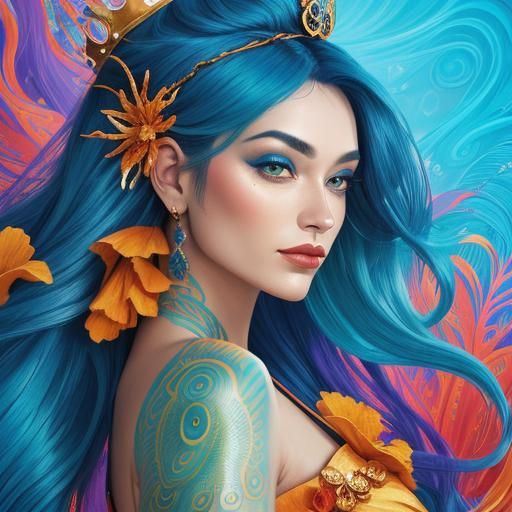 Vibrant Mermaid Portrait with Peacock Tail in Abstract Style