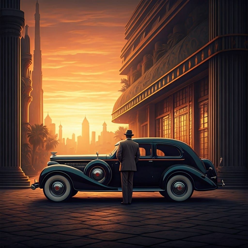 1940s Gangster and Limousine in Ornate Concept Art