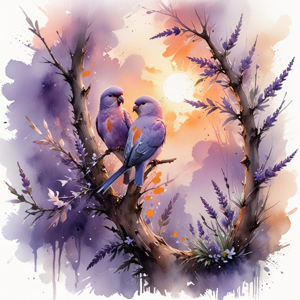 Lovebirds in Watercolour Sunset Landscape