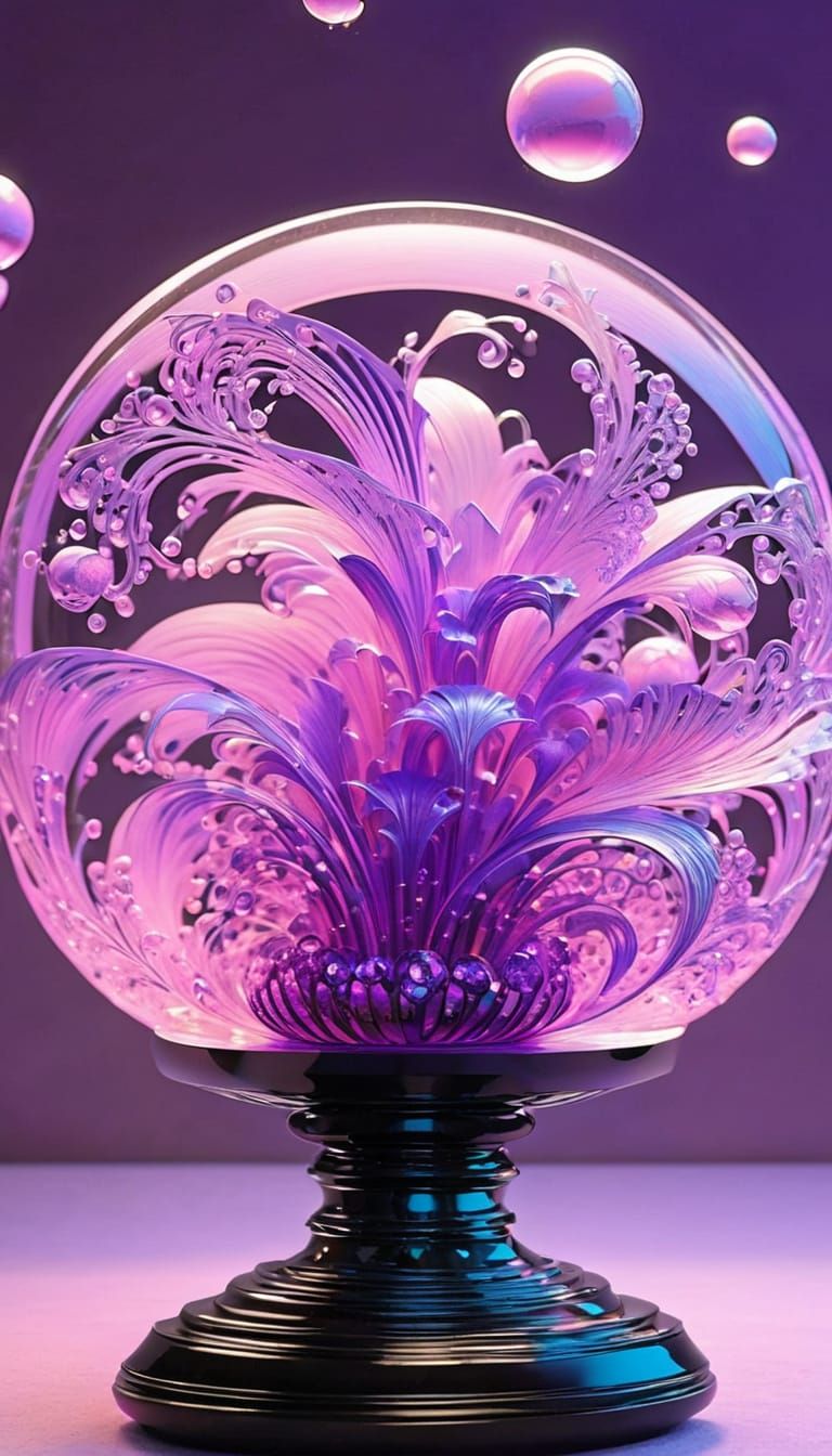 Neon Purple Bubble Sculpture on Glass Pedestal