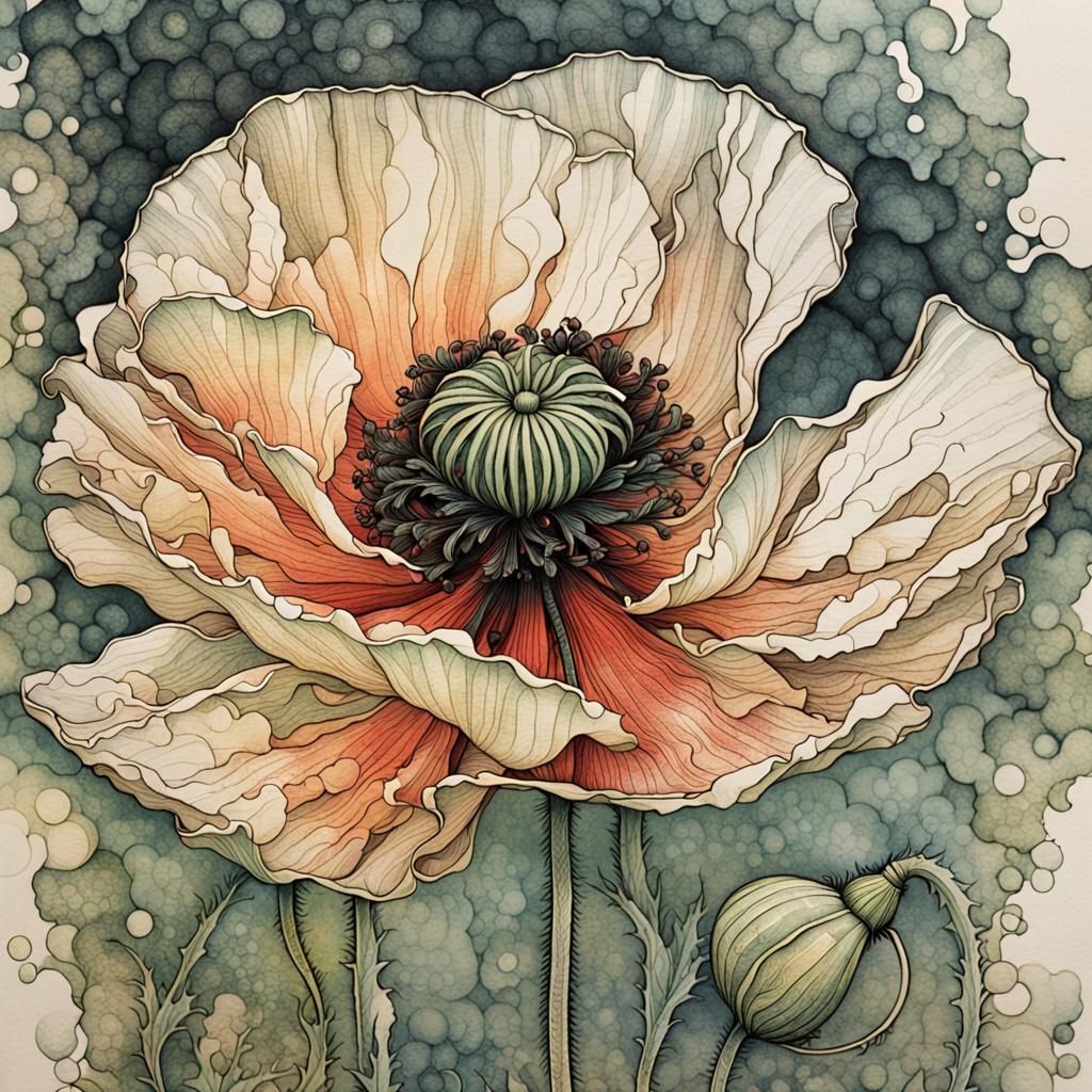 Delicate Poppy Blossom Close-Up in Antique Style