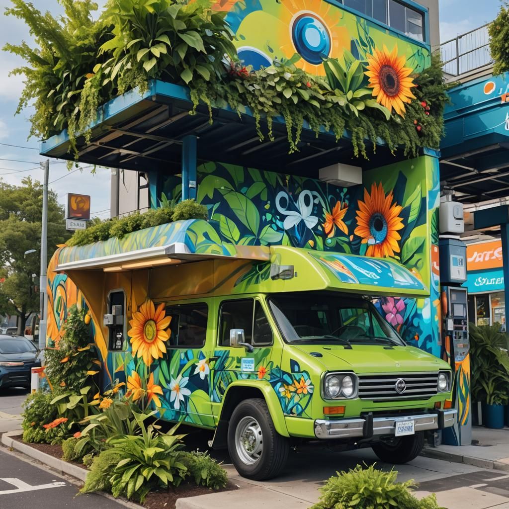 Eco-Friendly Gas Station: Vibrant Street Art Mural