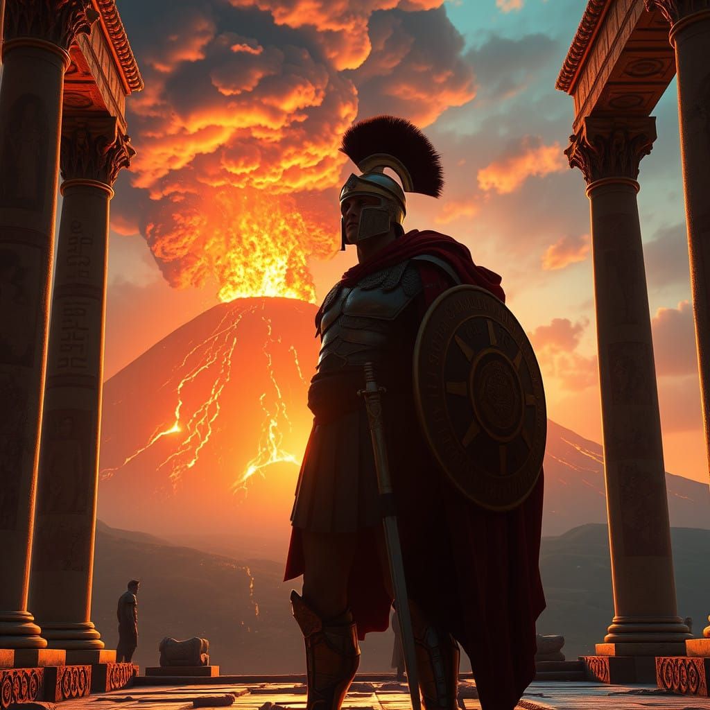 Roman Centurion in Ancient Pompeii Ruins, Vesuvius Eruption