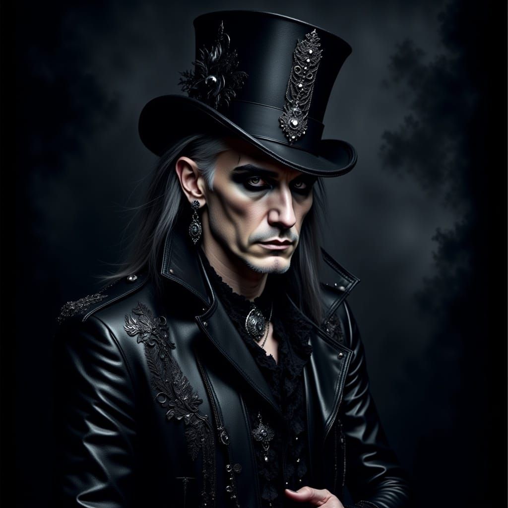 Elderly Goth Man in Top Hat with Jewelry