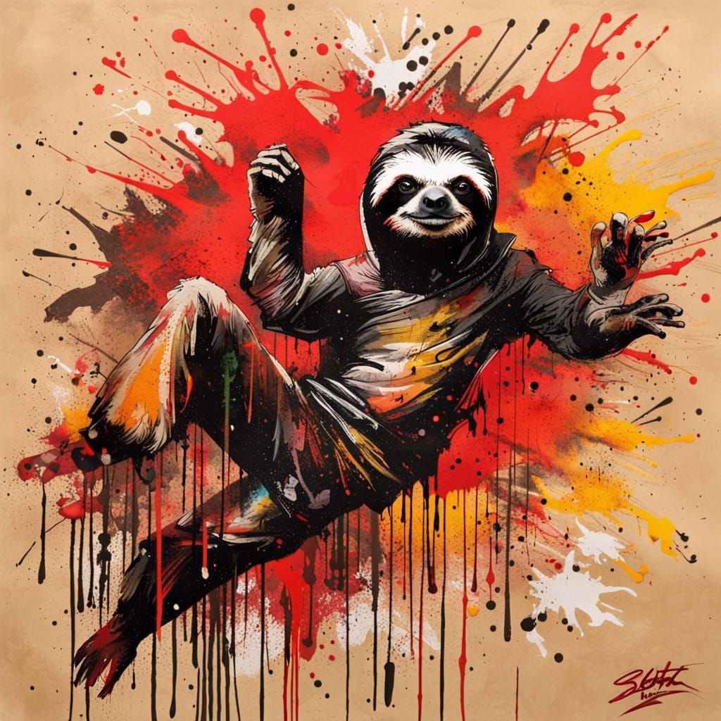 flat 2D sloth as a ninja in bruce lee pose, ink calligraphy strokes merged with graffiti splatters, fiery reds and black...