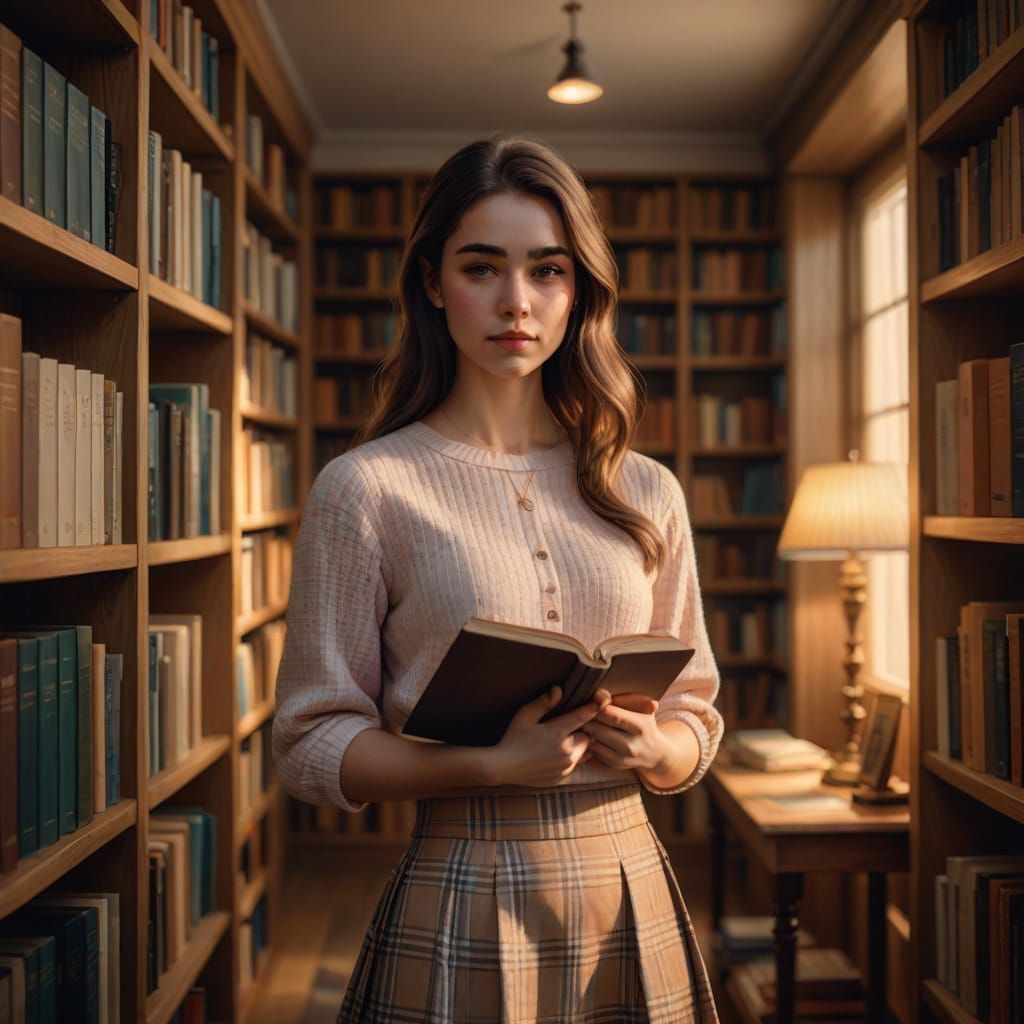 Woman in Library with Warm Lighting, as Digital Art