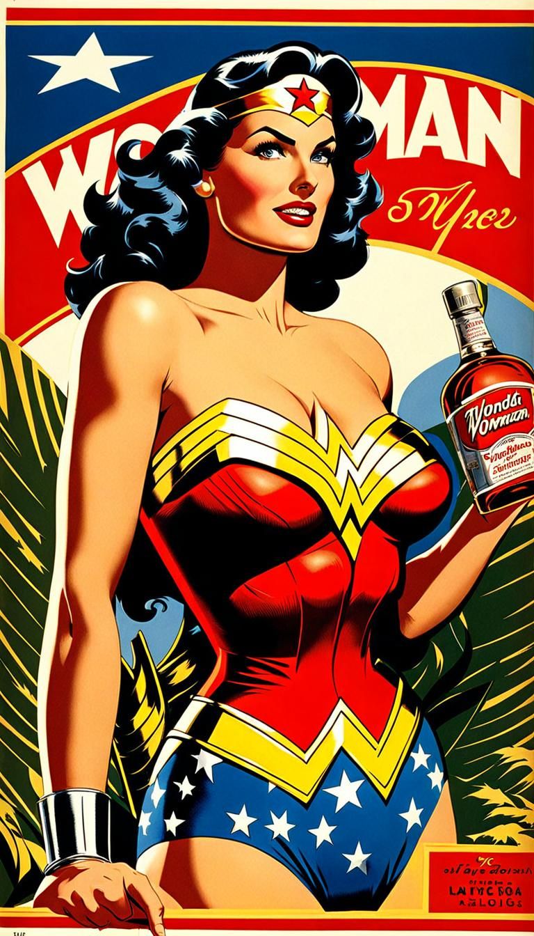 Wonder Woman posing for an 1940s liquor advertisement.
