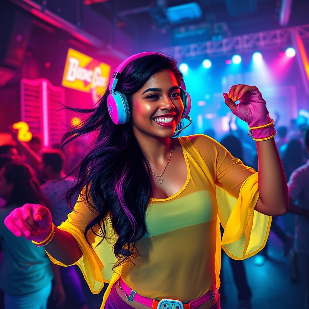 Sri Lankan Woman Dancing at a Neon Cyberpunk Rave