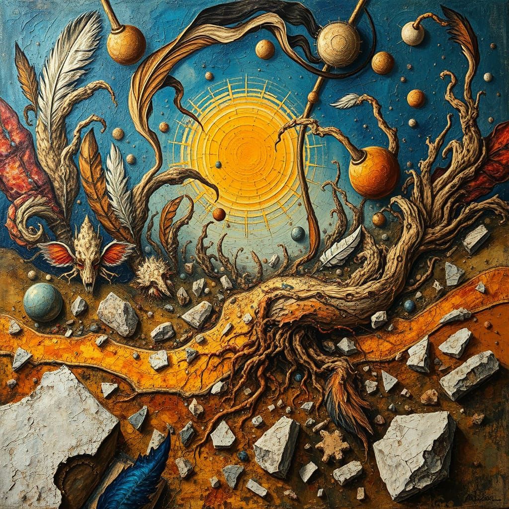 Surreal Landscape of Feathers, Roots, and Stone