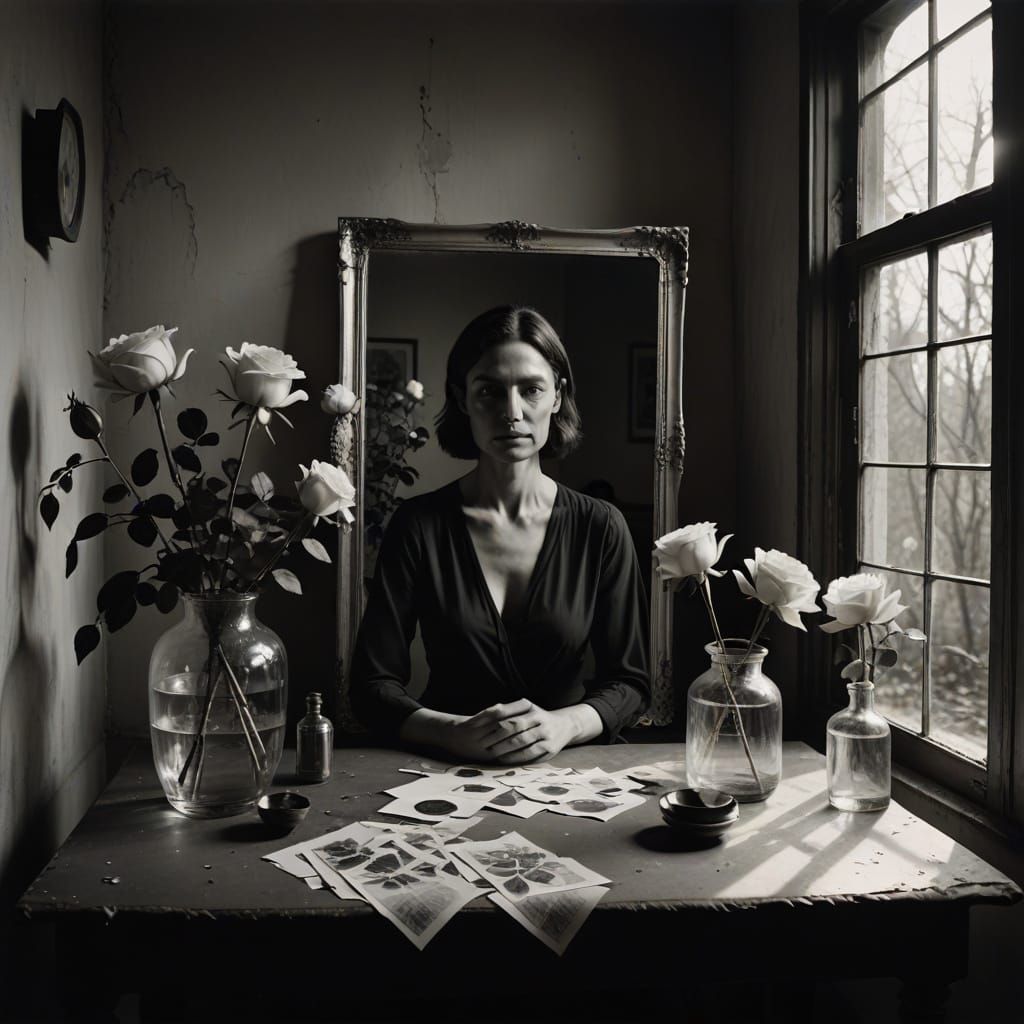 Ethereal Woman and Surreal Mirror in Dark Polaroid