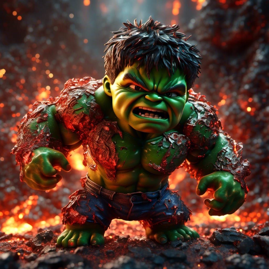 Lava Chibi Hulk in Hyperreal CGI Style