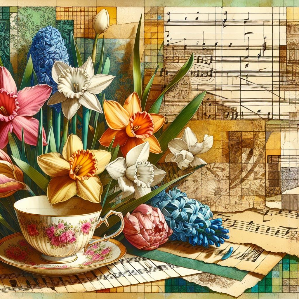 Vibrant Floral Collage with Teacup in Gouache Style