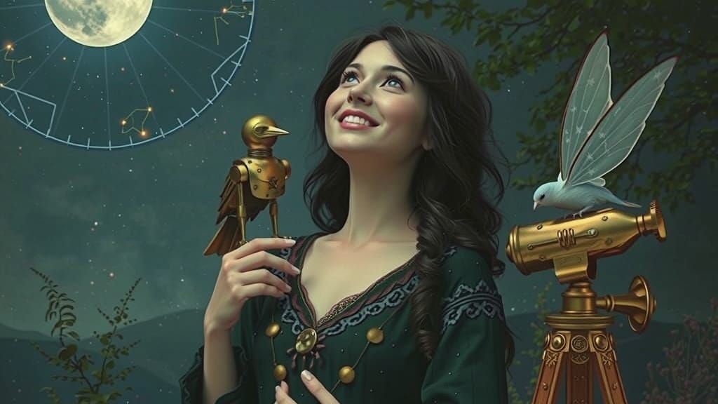 Fairy with Robot Bird and Telescope in Moonlit Garden