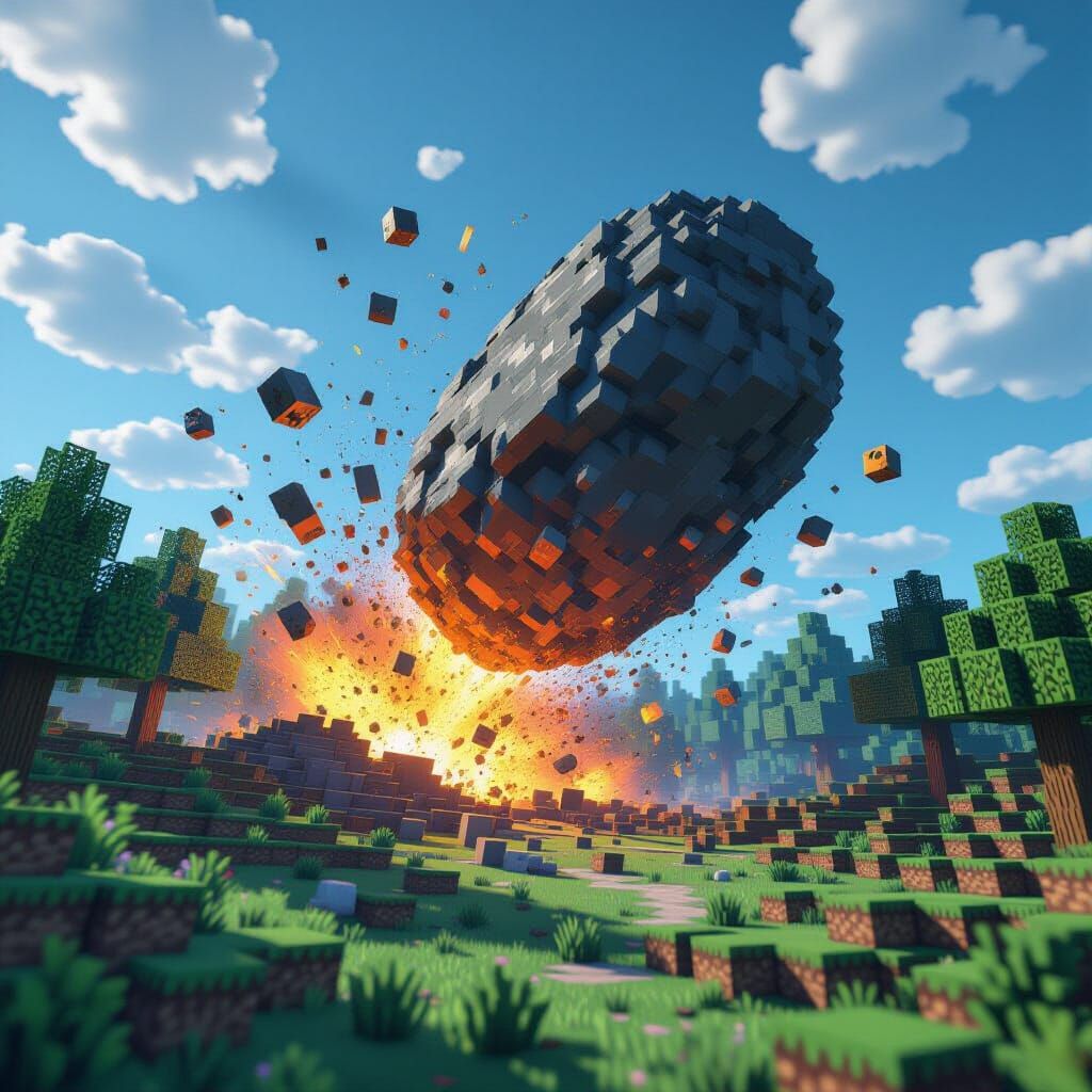 Minecraft Forest Destroyed by Asteroid, Digital Art