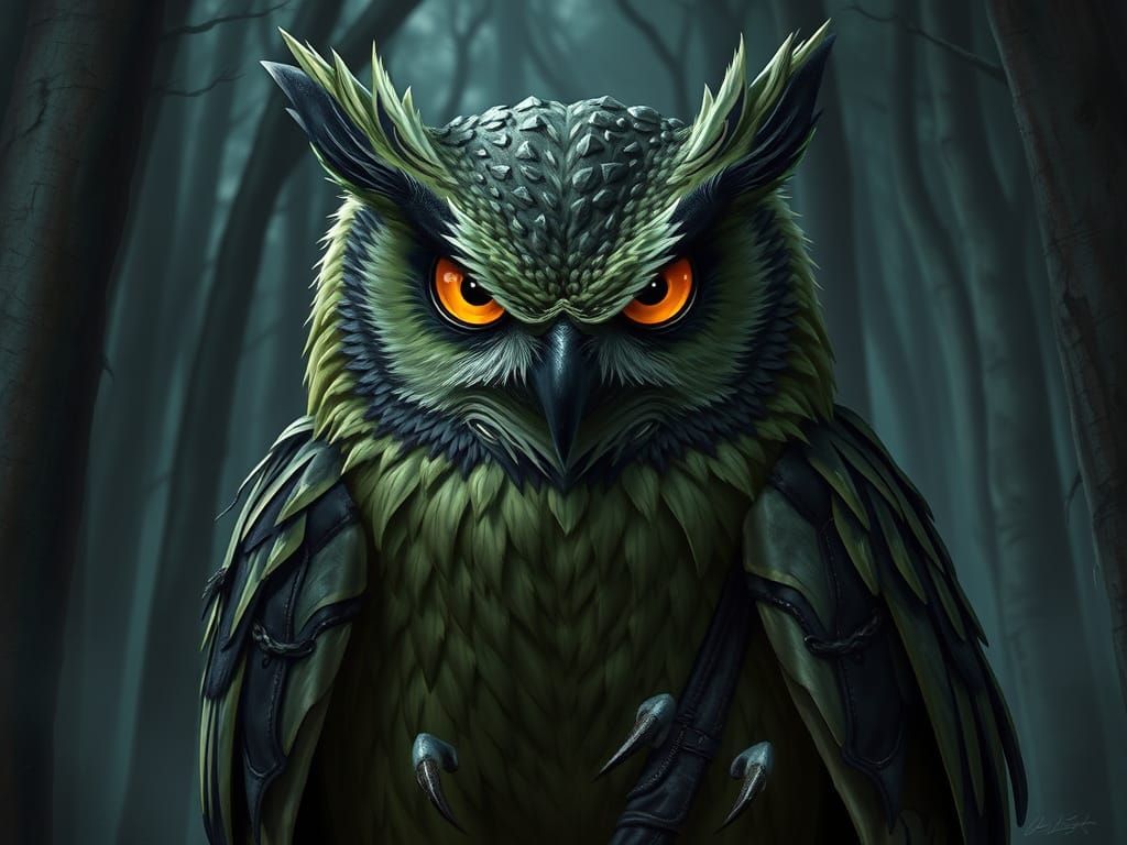 Menacing Green Owl in Dark Forest, Digital Art