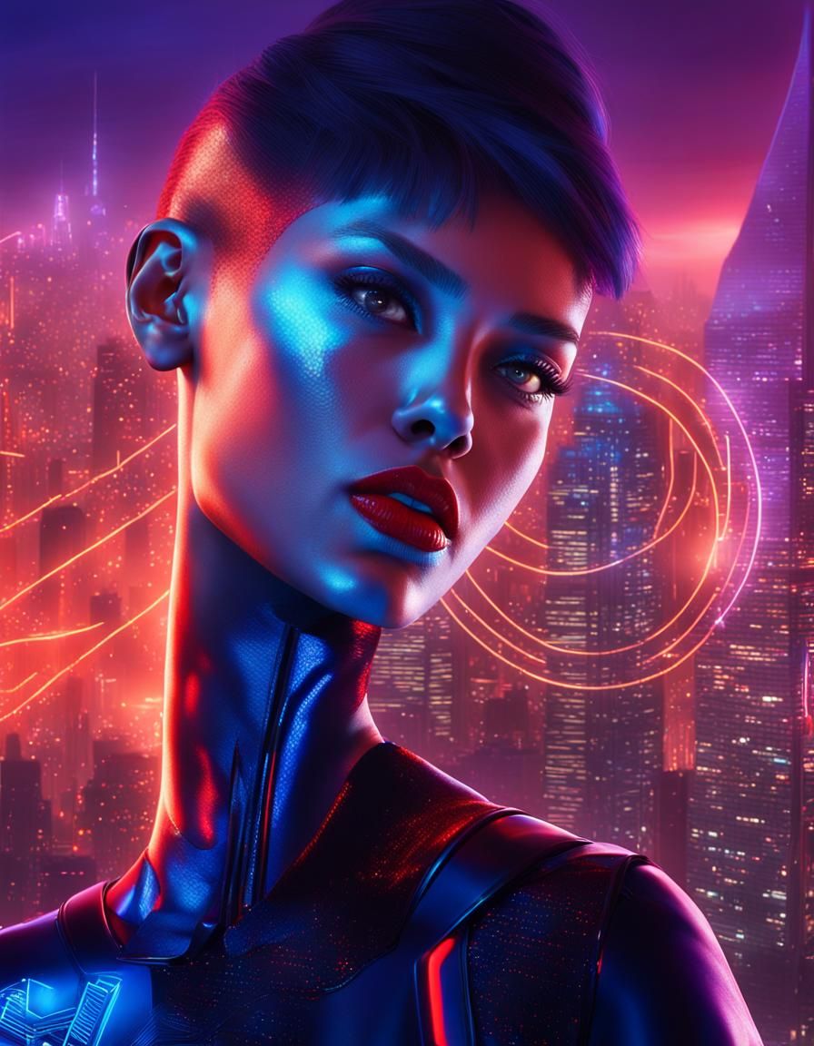 Cyberpunk Woman in Neon Cityscape Digital Art
