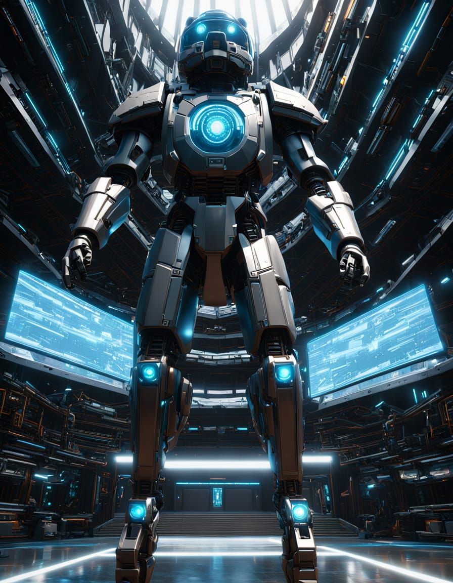 Hyper-Realistic Sci-Fi Robot Pug in Atmospheric Background