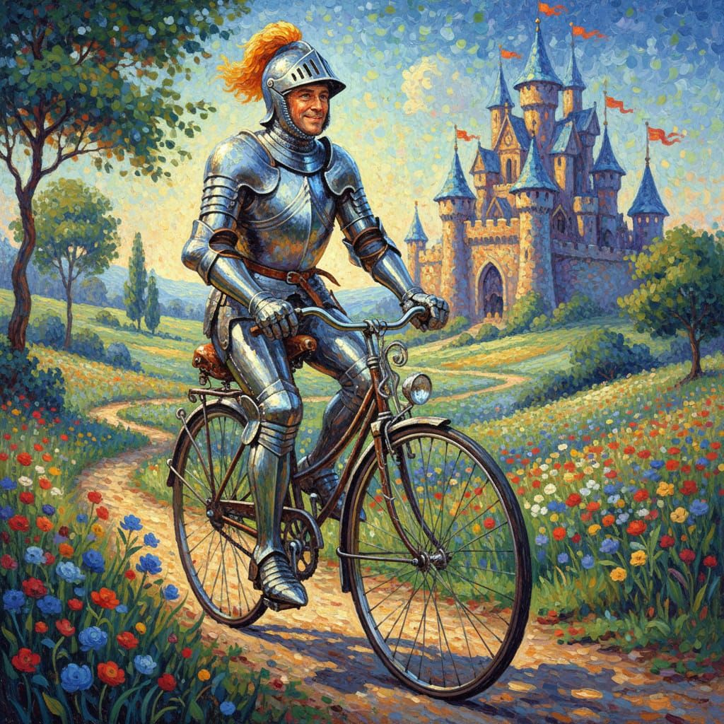 Knight on Bicycle in Sun-Kissed Countryside, Post-Impression...