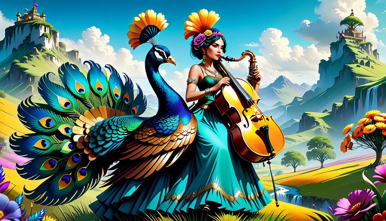 Gypsy Musician Rides Peacock Across Fantasy Landscape