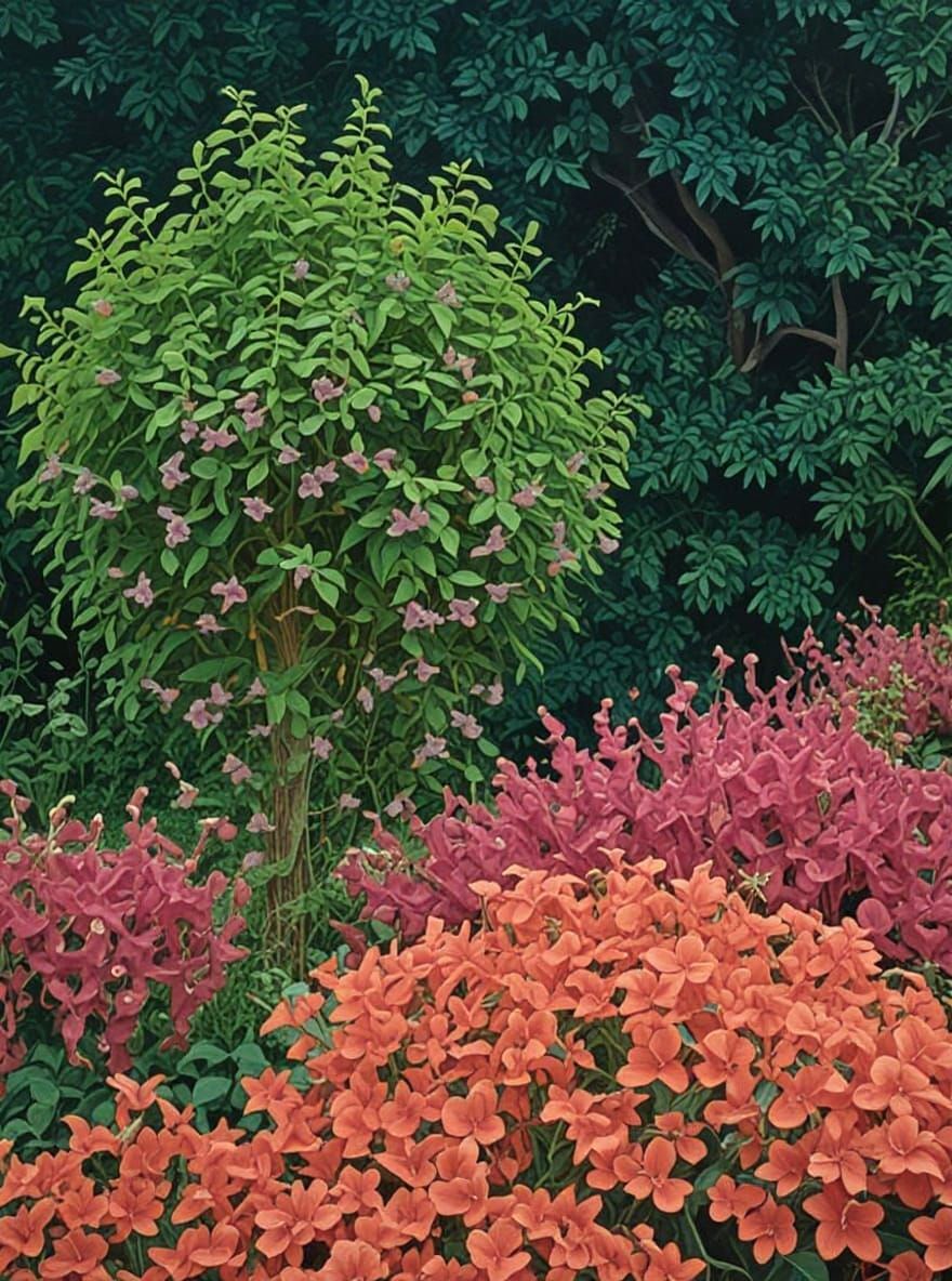 Vibrant Garden Dominated by Trumpet Vine in Naive Art Style