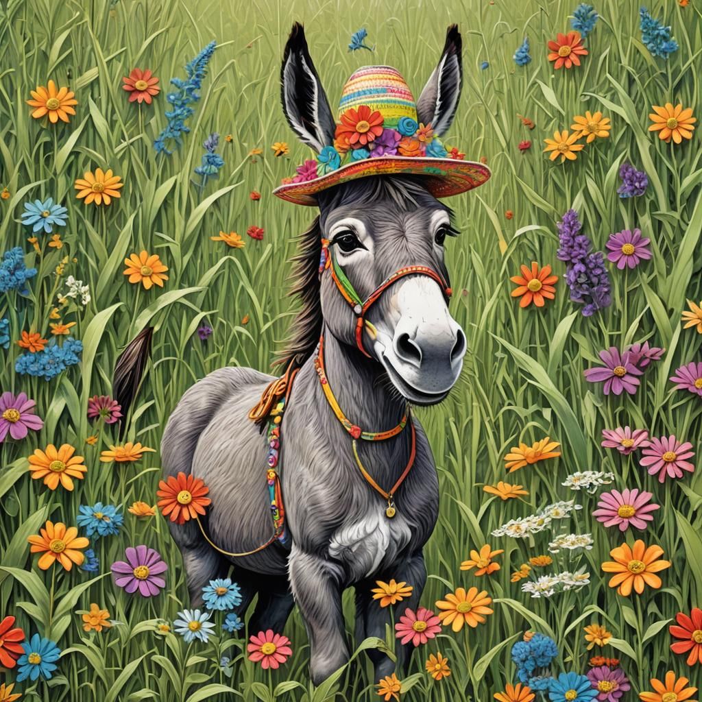 Donkey in Floppy Hat Surrounded by Flowers