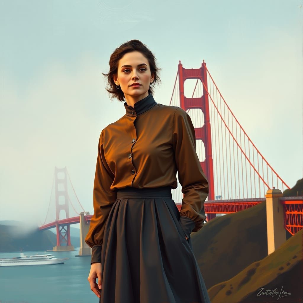 Woman by Golden Gate Bridge in Regionalist Style