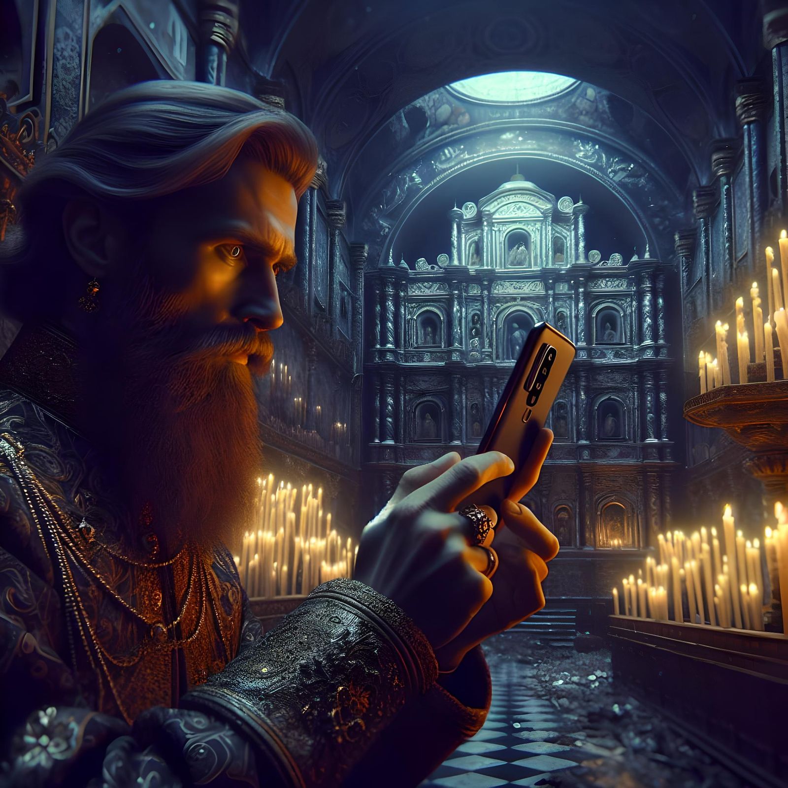 Rasputin with Smartphone in Sci-Fi Church