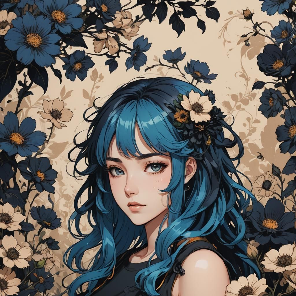 Anime Girl Portrait with Blue Hair in Manga Style