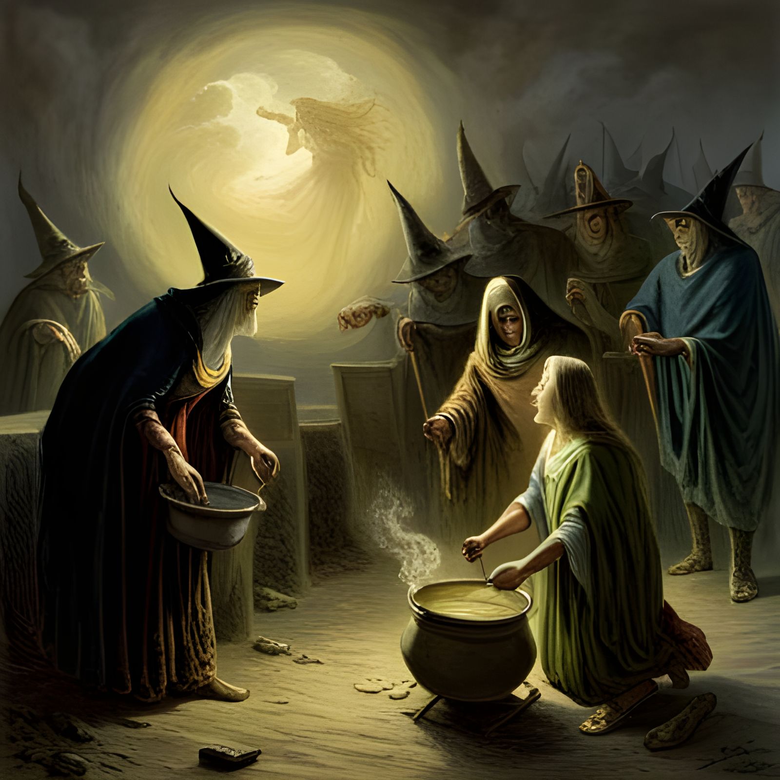 Witches Conjuring Spell Around Cauldron in Horror Art